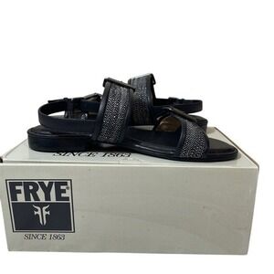 FRYE‎ Phillip Buckles Flat Sandals Black Leather Tweed Accent Buckle Size 8M